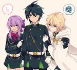  2boys arm_hug black_hair blonde_hair blue_eyes blush bow braid brown_eyes cloak fang gloves green_eyes hair_bow hiiragi_shinoa hood hyakuya_mikaela hyakuya_yuuichirou military military_uniform multiple_boys owari_no_seraph shougo_kota sleeve_tug sweatdrop uniform white_gloves 