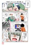  1girl 4koma ? bare_shoulders comic commentary folded_ponytail game_console grey_hair highres jewelry kantai_collection long_hair open_mouth playing_games ponytail ring short_hair shorts sleeveless splatoon_(series) splatoon_1 sweat tears translated wedding_band wii_u wristband yano_toshinori yuubari_(kantai_collection) 