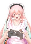  bad_id bad_pixiv_id blush breast_grab breasts controller dualshock frown game_controller gamepad grabbing headphones highres hoshi_yoshimi large_breasts long_hair looking_at_viewer nitroplus o_o open_mouth pink_hair solo_focus super_sonico wavy_mouth 