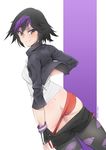  artist_name ass big_hero_6 black_hair brown_eyes butt_crack fingerless_gloves gloves gogo_tomago highres jacket multicolored_hair naughty_face panties pants_down panty_pull red_panties short_hair smile solo stormcow underwear zipper 