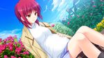  angel_beats! boots building cloud day dutch_angle flower game_cg hand_on_own_stomach iwasawa jacket na-ga official_art open_clothes open_jacket outdoors park petals pink_hair pregnant red_eyes rose scenery short_hair sitting skirt sky solo 
