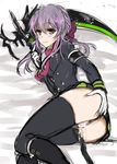  black_footwear boots bow brown_eyes cum cum_in_pussy gloves hair_bow hiiragi_shinoa knee_boots lossy-lossless lying military military_uniform on_side owari_no_seraph purple_hair pussy scythe smile solo tachibanaei thighhighs uniform white_gloves 