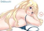 1girl atago_(kantai_collection) bikini_top_removed blonde_hair blue_bikini_top blue_eyes blush breasts commentary_request ebifurya eyebrows_visible_through_hair hair_between_eyes heart kantai_collection large_breasts long_hair looking_at_viewer open_mouth solo spoken_heart swimsuit twitter_username 