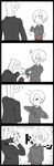  1girl 4koma comic formal greyscale hair_over_one_eye highres idolmaster idolmaster_cinderella_girls kadoyuki_(kadouki) monochrome p-head_producer producer_(idolmaster) shirasaka_koume short_hair silent_comic sleeves_past_wrists suit tied_sleeves 