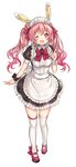  ;d animal_ears apron blush bunny_ears frills full_body highres long_hair madogawa maid maid_headdress official_art one_eye_closed open_mouth original pink_eyes pink_hair revision simple_background smile solo thighhighs twintails very_long_hair white_legwear wrist_cuffs zettai_ryouiki 