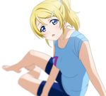  arm_support ayase_eli bad_id bad_pixiv_id barefoot bike_shorts blonde_hair blue_eyes blurry depth_of_field hair_ornament hairclip long_hair looking_at_viewer love_live! love_live!_school_idol_project official_style ponytail scrunchie sitting solo sweat undershaft 