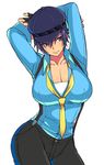  arms_up bad_id bad_twitter_id blue_eyes blue_hair breasts cabbie_hat cleavage cowboy_shot eroe fingerless_gloves gloves hat large_breasts necktie persona persona_4 persona_4:_dancing_all_night persona_dancing shirogane_naoto short_hair simple_background solo suspenders white_background 