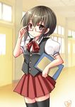  adjusting_eyewear bespectacled book buttons chize collared_shirt glasses hallway holding holding_book indoors kantai_collection looking_at_viewer pleated_skirt red_skirt school_uniform shirt short_hair short_sleeves skirt solo standing taihou_(kantai_collection) vest white_shirt 