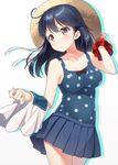  ahoge bare_shoulders black_hair blue_swimsuit blush breasts brown_eyes commentary_request hat hyuuga_azuri kantai_collection long_hair medium_breasts one-piece_swimsuit polka_dot polka_dot_swimsuit school_uniform scrunchie serafuku skirt solo straw_hat swimsuit ushio_(kantai_collection) wrist_scrunchie 