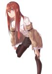  1girl absurdres arm_belt black_legwear black_shorts blue_eyes brown_coat brown_hair clothes_down coat dress_shirt eyebrows_visible_through_hair hair_between_eyes hand_on_own_knee highres leg_up legwear_under_shorts long_hair madao makise_kurisu pantyhose shirt short_shorts shorts simple_background solo standing standing_on_one_leg steins;gate white_background white_shirt 