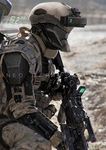  assault_rifle barcode bodysuit camouflage cyborg english gun heads-up_display helmet highres johnson_ting kneeling load_bearing_vest male_focus military neo_japan_2202 original rifle science_fiction solo weapon 
