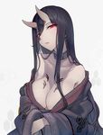  battleship_hime black_hair breasts cleavage collar horns japanese_clothes kantai_collection kimono large_breasts long_hair long_sleeves looking_at_viewer off_shoulder red_eyes shinkaisei-kan solo walzrj wide_sleeves 