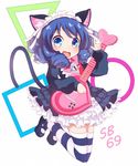  animal_ears bad_id bad_pixiv_id bell black_hair blue_eyes cat_ears cat_tail cupen curly_hair cyan_(show_by_rock!!) highres open_mouth short_hair show_by_rock!! solo striped striped_legwear tail thighhighs 