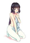 alternate_hairstyle black_hair blush covering covering_breasts covering_crotch embarrassed hair_down hair_ornament hairclip highres kantai_collection long_hair looking_at_viewer myoukou_(kantai_collection) no_pants open_mouth pantyhose purple_eyes shirt_removed short_eyebrows solo white_legwear worldless 