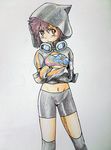  bike_shorts bikini bikini_top blush crossdressing digimon digimon_adventure_02 goggles goggles_around_neck gradient gradient_background hood hoodie motomiya_daisuke shinomiya_rina solo swimsuit thighhighs 