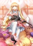  :d ar-15 assault_rifle bad_id bad_pixiv_id blonde_hair blue_eyes eyepatch frilled_pillow frills gloves grin gun hairband high_heels highres holding holding_gun holding_weapon lolita_fashion long_hair looking_at_viewer open_mouth original overalls pantyhose pillow rff_(3_percent) rifle sitting slit_pupils smile solo stuffed_animal stuffed_cat stuffed_toy teddy_bear teeth twintails weapon white_legwear yellow_eyes 