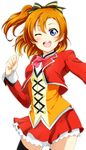  ;d blue_eyes bow cowboy_shot earrings jewelry kousaka_honoka looking_at_viewer love_live! love_live!_school_idol_project one_eye_closed one_side_up open_mouth orange_hair simple_background smile solo sunny_day_song thighhighs vorupi white_background zettai_ryouiki 