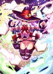  bad_id bad_pixiv_id book doku-chan_(dokkudokudoku) flat_chest hat highres looking_at_viewer original pointy_ears smile solo thighs witch_hat 