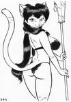  2015 anthro back butt cat clothing david_a_cantero feline female fur grape hair lingerie long_hair looking_at_viewer looking_back mammal melee_weapon monochrome plain_background polearm rear_view solo weapon white_background 