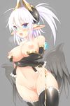  blue_eyes blush breasts detached_sleeves eteru_(mofuaki) highres horns huge_breasts looking_at_viewer mofuaki nipples open_mouth original pointy_ears pubic_hair purple_hair pussy solo thighhighs uncensored wings 
