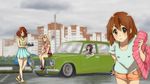  akomilfo apartment car cloud cloudy_sky company_connection crossover cupcake day flip-flops food glasses ground_vehicle hibike!_euphonium highres hirasawa_yui k-on! kotobuki_minako kotobuki_tsumugi lada_(car) md5_mismatch motor_vehicle multiple_girls oumae_kumiko road russia sandals seiyuu_connection sky tanaka_asuka 