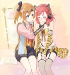  ^_^ alternate_hairstyle animal_print arm_warmers blue_eyes bow cat_ear_headphones closed_eyes eating feeding fingerless_gloves flying_sweatdrops garter_straps gauntlets gloves hachimaki hair_bow headband headphones heart kousaka_honoka leopard_print long_sleeves looking_at_another love_live! love_live!_school_idol_festival love_live!_school_idol_project midriff multiple_girls navel nishikino_maki obi orange_hair red_hair ribbon sash short_shorts shorts side_ponytail sitting smile tadokoro_teppei thighhighs yuri 