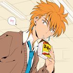  cardigan drinking drinking_straw earrings fushigi_yuugi jewelry juice_box looking_at_viewer male_focus necktie orange_hair school_uniform solo tasuki_(fushigi_yuugi) tetsukuzu_tetsuko 