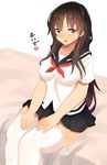  blush breasts brown_eyes brown_hair gradient gradient_background long_hair looking_at_viewer open_mouth owafu plump saki shimizudani_ryuuka sitting solo thighhighs 