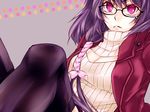  1girl breasts cleavage cleavage_cutout coat glasses grey_background long_hair open-chest_sweater pink_eyes polka_dot_background purple_hair simple_background sweater thighhighs tokyo_ravens tsuchimikado_natsume yuzusei_(empty) 