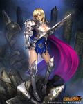  aqua_eyes armor armored_boots blonde_hair boots breasts cape cleavage fantasy full_body gauntlets medium_breasts official_art ruins shikkoku_no_regalia short_hair sword torn_clothes weapon weed_(astarone) 