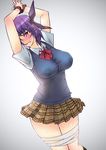  ayane_(doa) bdsm blush bondage bound breasts butcherboy clenched_teeth dead_or_alive erect_nipples female gradient gradient_background hair_ribbon large_breasts looking_at_viewer pink_eyes purple_hair restrained ribbon school_uniform skirt solo sweat tears teeth thick_thighs wide_hips 