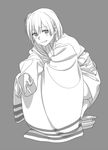  bad_id bad_twitter_id full_body grey_background greyscale grin hiryuu_(kantai_collection) japanese_clothes kantai_collection kinosuke_(sositeimanoga) long_sleeves monochrome short_hair simple_background smile solo squatting tabi v wide_sleeves 