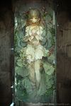  bangs bare_shoulders barefoot bound bound_wrists brown_hair demizu_posuka dress empty_eyes entangled flower frown hair_flower hair_ornament long_hair looking_at_viewer lying on_back original own_hands_together plant solo stasis_tank submerged vines w_arms watermark white_dress 