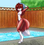  breasts eyes_closed fluffy_tail foxcat fur hair linda_wright nipples nude outside red_fur red_hair small_breasts swimming_pool terdburgler towel walking 
