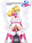  anus ass blonde_hair blue_eyes boots crown erection genderswap gloves gradient gradient_background large_penis looking_back male male_focus mario_kart motorcycle nintendo no_panties penis ponytail princess_peach scarf smile solo standing super_mario_bros. tekuho_no_habo testicles trap 