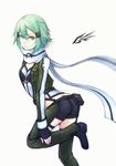  aqua_hair banned_artist blue_eyes kyoeiki looking_at_viewer scarf short_shorts shorts simple_background sinon solo sword_art_online white_background 