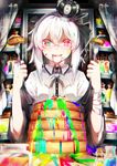  :d aka_tonbo_(lililil) bandages blurry blush cake chromatic_aberration colorful crown depth_of_field food food_on_face fork hair_ribbon heart heart-shaped_pupils heterochromia highres jar multicolored multicolored_eyes open_mouth original rainbow_eyes red_eyes ribbon short_hair smile solo symbol-shaped_pupils white_hair 