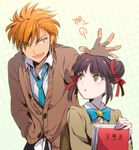  1girl book bow brown_hair cardigan double_bun earrings fang fushigi_yuugi hair_bun hair_ribbon hand_in_pocket hand_on_another's_head jewelry open_mouth orange_hair ribbon school_uniform tasuki_(fushigi_yuugi) tetsukuzu_tetsuko yuuki_miaka 