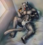  abs anthro bed biceps black_fur clothing feline fur male mammal muscles nipples panther pecs tongue underwear 阿狼 