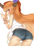  ass blush bow denim denim_shorts fang from_behind hair_bow highres horns ibuki_suika long_hair looking_back nishiuri open_mouth orange_eyes orange_hair short_shorts shorts solo touhou v wrist_cuffs 