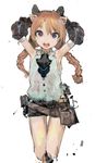  :d animal_ears armpits arms_behind_head belt braid brown_hair cropped_legs gloves looking_at_viewer open_mouth original pouch purple_eyes shorts sleeveless smile solo teeth twin_braids uturo white_background 