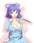  aqua_dress blue_eyes blue_hair bracelet breasts cleavage collarbone dress dress_tug flower hair_ornament hair_rings hair_stick jewelry kaku_seiga large_breasts looking_at_viewer miyo_(ranthath) open_clothes open_vest puffy_sleeves sash smile solo touhou vest 