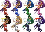  bandanna black_hair blonde_hair blue_eyes blue_hair blue_skin breasts brown_eyes cleavage dark_skin earrings green_hair green_skin jewelry looking_at_viewer navel one_eye_closed pointy_ears ponytail purple_hair red_eyes shantae shantae_(character) simple_background sword wink winking 