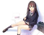  bag black_legwear blue_eyes brown_hair cardigan idolmaster idolmaster_cinderella_girls long_hair looking_at_viewer moriyama_yuuki necktie school_bag school_uniform shibuya_rin sitting skirt socks solo 