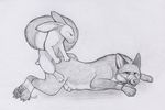  2015 anal bdsm bondage bound canine eyes_closed feral feral_on_feral fox from_behind lagomorph lying male male/male mammal muzzle_(object) muzzled on_front paper-wings penis penis_tip predator/prey rabbit sex sheath sketch 