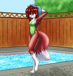  breasts clothing eyes_closed female fluffy_tail foxcat fur hair linda_wright outside red_fur red_hair small_breasts swimming_pool swimsuit terdburgler walking 