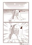  1girl 2koma beach comic commentary contemporary crab emphasis_lines highres horns kantai_collection long_hair mittens monochrome moomin muppo northern_ocean_hime sand sazanami_konami seaweed shinkaisei-kan solo twitter_username water 