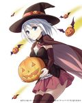  blue_eyes cape date_a_live detached_sleeves hair_ornament hairclip hat head_wings jack-o'-lantern konoe_(fogtracks) light_smile looking_at_viewer official_art pumpkin short_hair skirt solo thighhighs tobiichi_origami witch_hat zettai_ryouiki 
