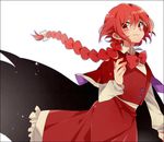  border bow braid cape capelet hair_bow hair_ornament long_braid long_hair long_sleeves looking_at_viewer looking_down okazaki_yumemi ponpoko red_capelet red_eyes red_hair shirt simple_background single_braid skirt skirt_set smile solo touhou touhou_(pc-98) vest white_background 