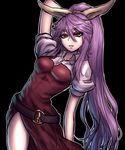  arm_behind_head belt black_background breasts colored_eyelashes dress hair_ribbon leaning_to_the_side long_hair looking_at_viewer medium_breasts miata_(miata8674) parted_lips ponytail puffy_short_sleeves puffy_sleeves purple_hair red_dress red_eyes ribbon short_sleeves simple_background sketch solo touhou very_long_hair watatsuki_no_yorihime 